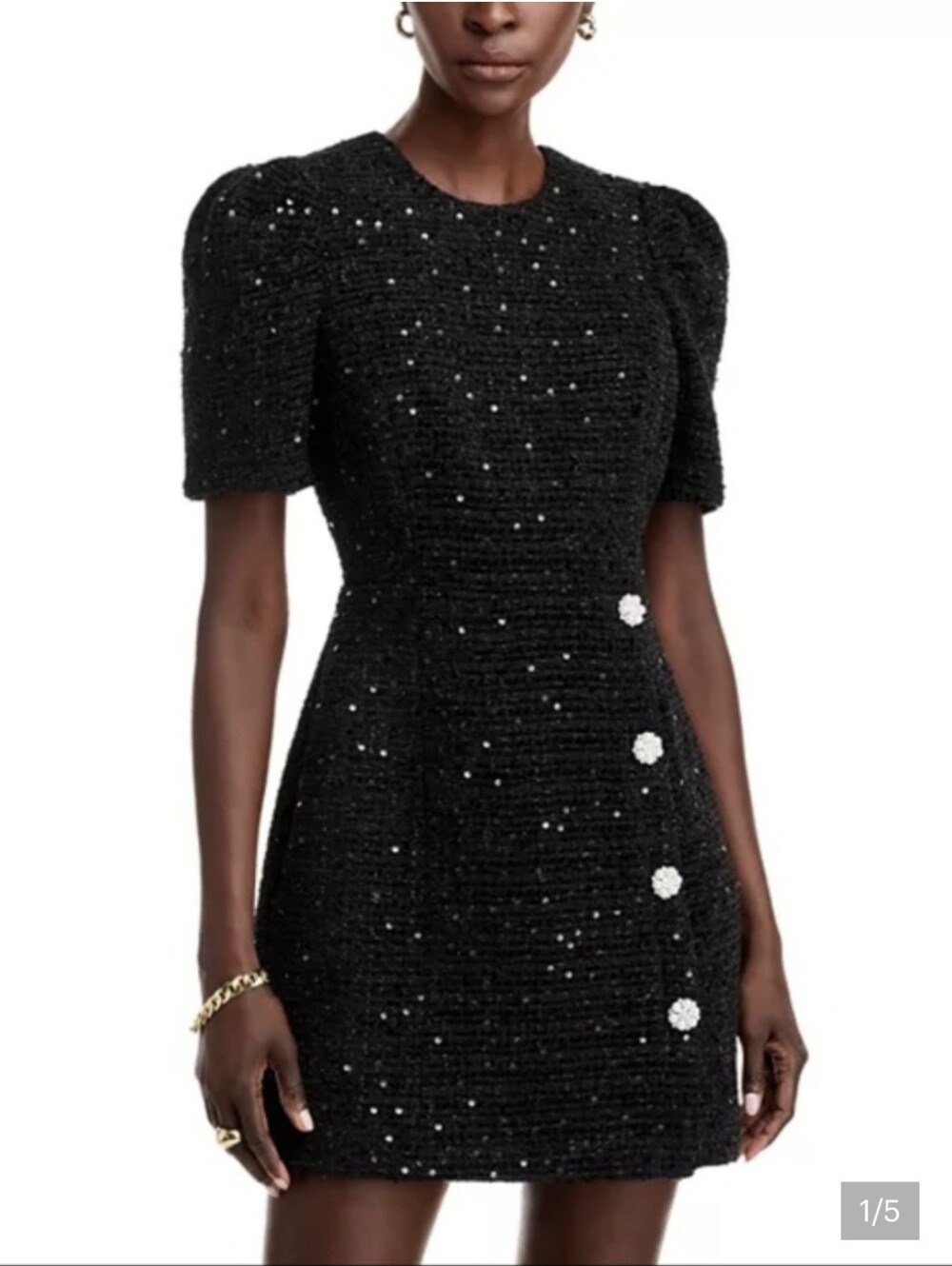 Aqua Black Sequin Tweed Puff-Sleeve Mini Dress